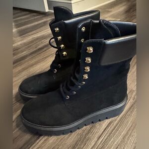 Stuart Weitzman Black Boots with Gold Buckles